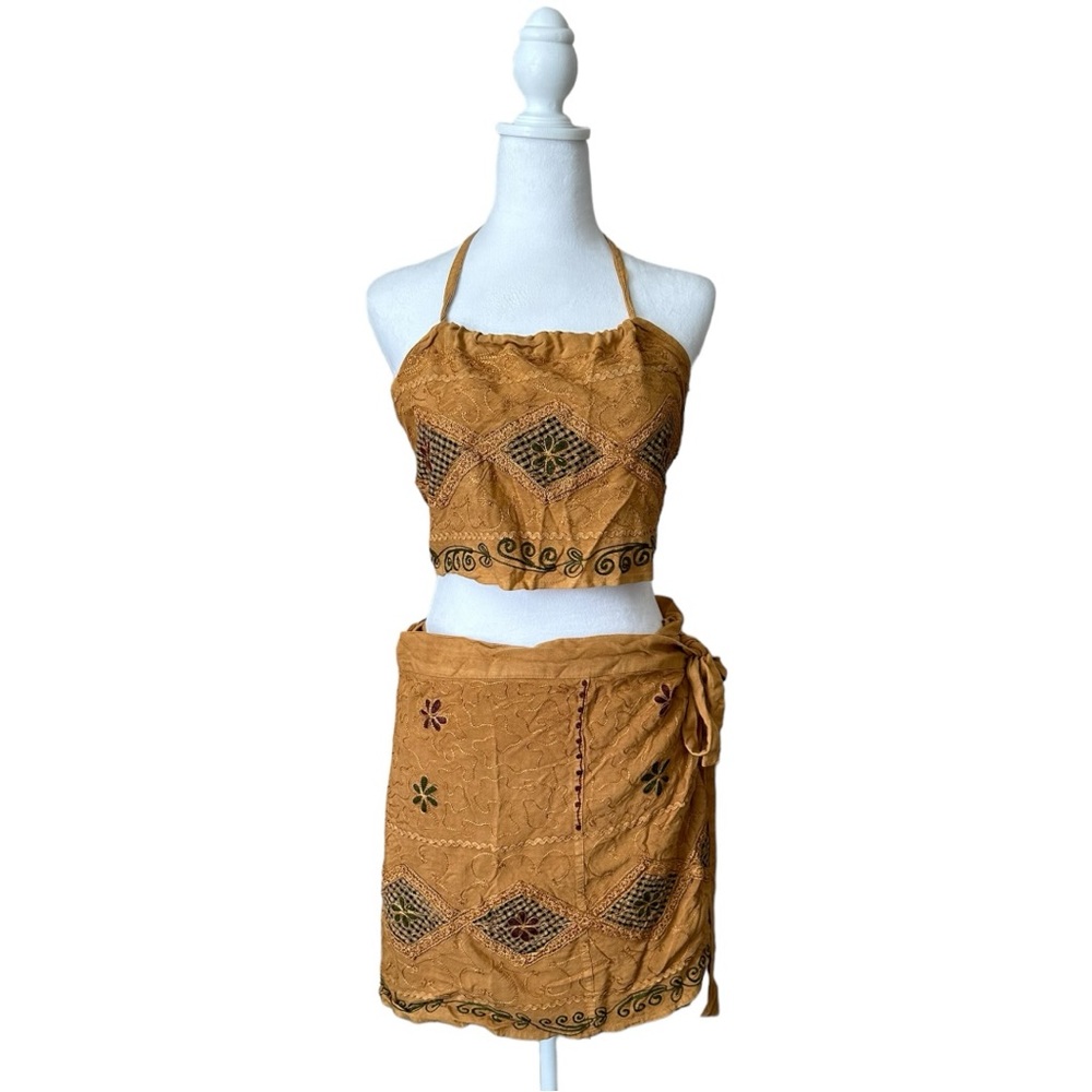 Embroidered Crop Top Wrap Skirt Set Mustard Boho … - image 1